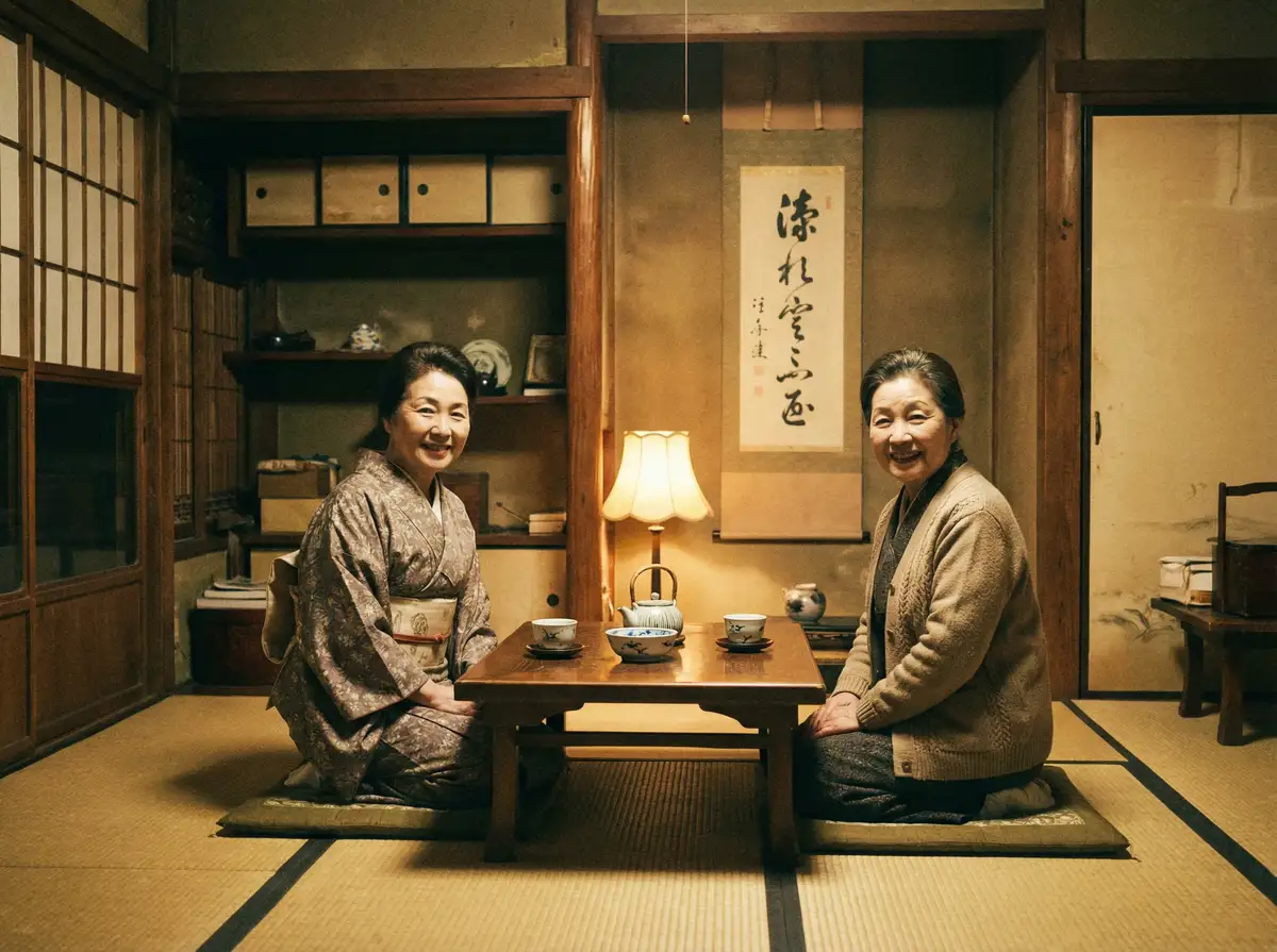 两位优雅的 授课到天亮2 在日式茶室中品茶交谈
